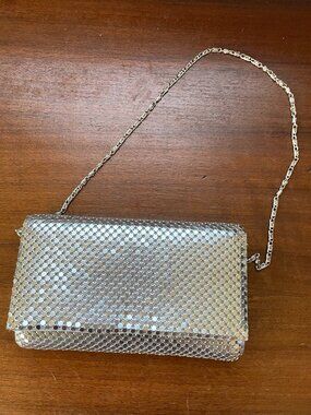 Jessica McClintock Silver Mesh Disc Evening Bag Clutch Chain Strap Y2K Vintage